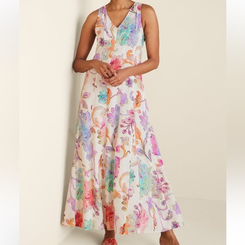 Soft Surroundings Flourish V-Neck Watercolor Floral and Leaf Print Maxi Dress S